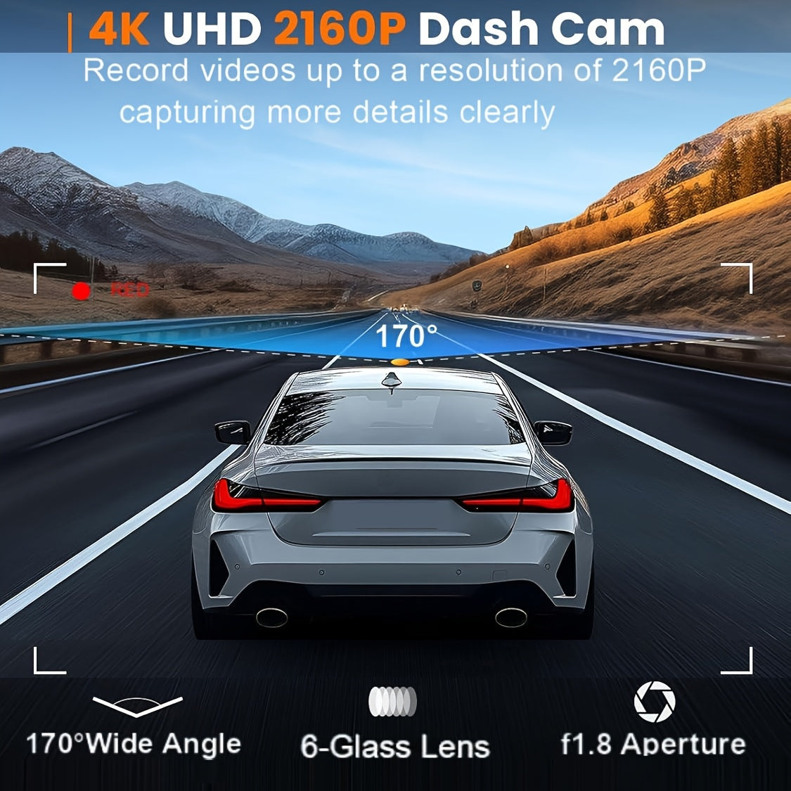 Camere video de bord 4K Ultra HD cu card SD de 128GB, ecran IPS de 3,73 cm, Wi-Fi și senzor G, unghi larg de 170°, vedere nocturnă, înregistrare în buclă, monitorizare parcare 24/7, acceptă card până la 256GB, controlată prin aplicație pentru mașini, cam