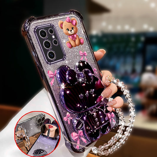 Anti-Shock Case for Samsung Galaxy S25 Ultra, With Shiny Bracelet and Cute Pink Teddy Bear, Glitter Phone Holder, Shockproof Back Cover
