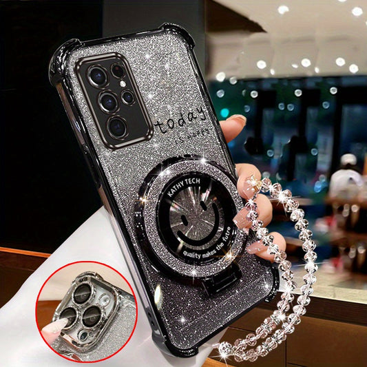 Shiny magnetic phone holder armband with smiley face, designed for samsung galaxy s21 ultra, with durable and anti-shock back protection