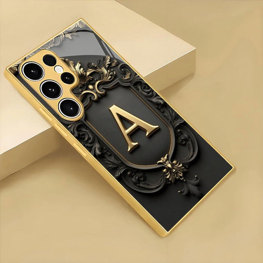 Retro Gold Feature with Lucky Pattern - Glass Case for Samsung Galaxy S25/S25 Plus/S25 Ultra/S24/S24 FE/S24 Plus/S24 Ultra/S23/S23 FE/S23+/S23 Ultra/S22/S22+/S22 Ultra/S21/S21 FE/S21+/S21 Ultra 5G - Premium, Elegant and Modern Accessory U