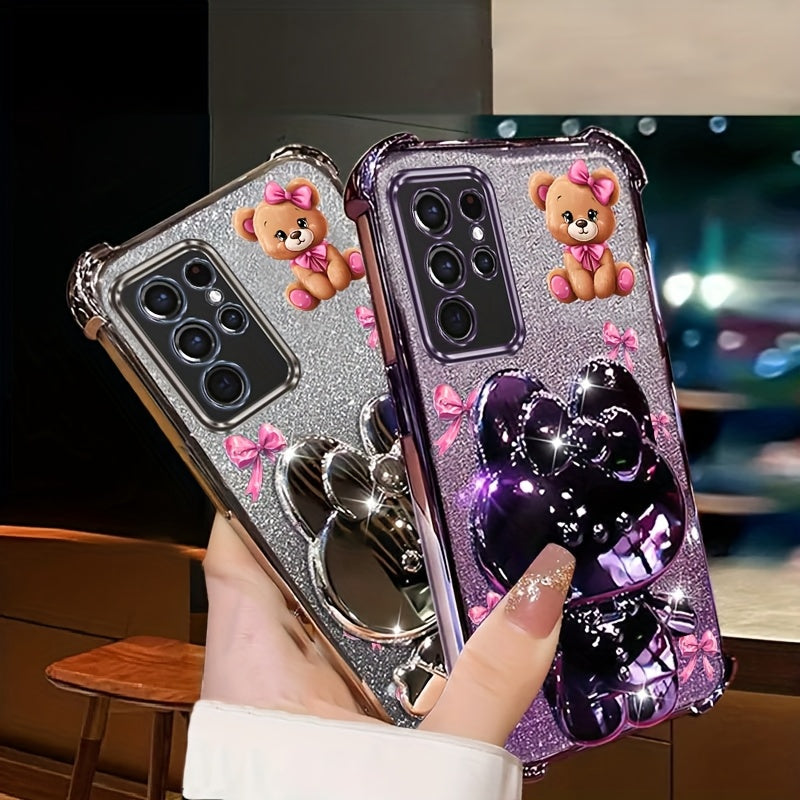 Elegant și drăguț, ursul roșu strălucește cu o curea de mânecă strălucitoare și un husă de telefon cu mirodenii designat pentru for samsung for galaxy S21 Ultra 5G, oferind protecție antișoc.