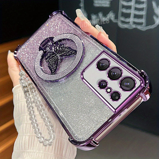 Transparent bracelet with chain and butterfly holder, designed for samsung galaxy S21 Ultra 5G, with gradient and glitter effect for shockproof protection and a soft back