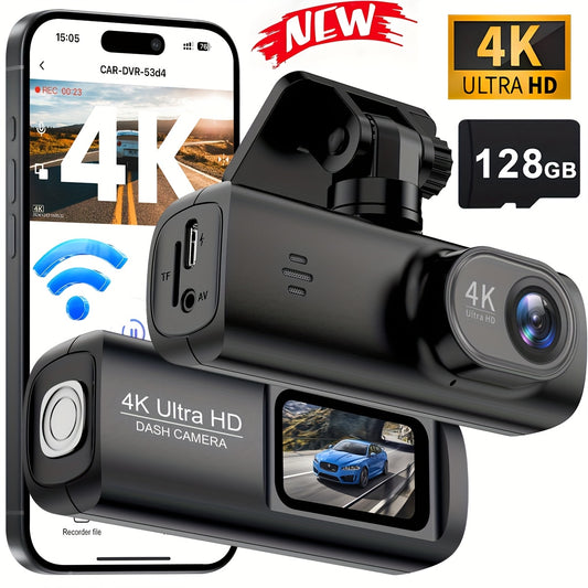 4K Ultra HD dash cam with 128GB SD card, 3.73 cm IPS screen, Wi-Fi and G-sensor, 170° wide angle, night vision, loop recording, 24/7 parking monitoring, supports card up to 256GB, controlled via car app, cam