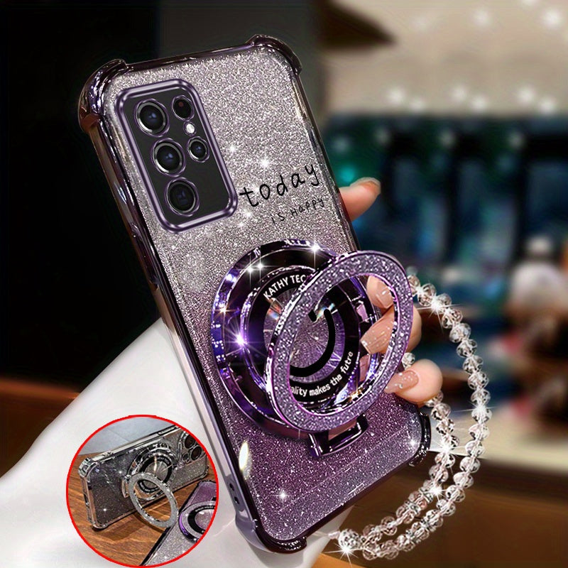Brățară strălucitoare cu suport magnetic pentru telefon cu față zâmbitoare, proiectată pentru samsung galaxy s21 ultra, cu protecție șoc rezistentă și anti-șoc pentru spate