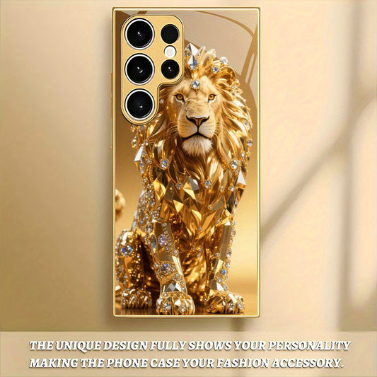 Colorful and luxurious golden lion pattern glass phone case suitable for samsung galaxy S25/S25 Plus/S25 Ultra/S24/S24 FE/S24 Plus/S24 Ultra/S23/S23 FE/S23+/S23 Ultra/S22/S22+/S22 Ultra/S21/S21 FE/S21+/S21 Ultra 5