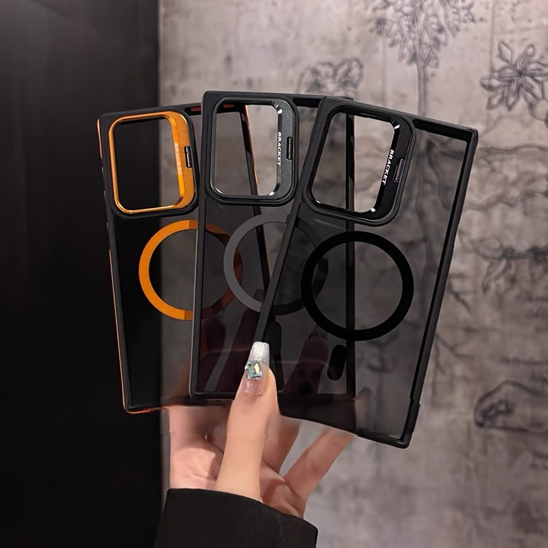 Husă de telefon transparentă magnetică luxoasă și elegantă cu două tonuri, S25 Ultra-Metal Magnetic, potrivită pentru S25, S24, S23, S22 Ultra Plus, S24FE. Cadranul lentilei poate fi deschis ca suport, acceptă încărcarea wireless și protejează telefonul
