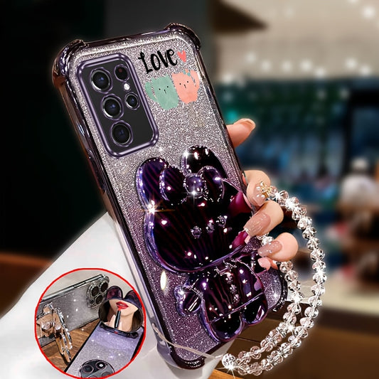 Shockproof Case with Shiny Chain and Wrist Strap for Samsung Galaxy S21 Ultra 5G, Cute Cat Design, Shockproof Back Cover