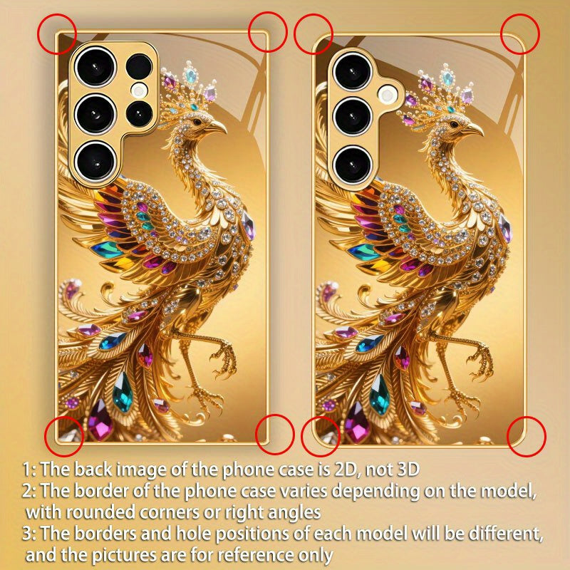 Husă de telefon din sticlă cu model de păun aurit, cu diamante colorați de lux, potrivită pentru for samsung, potrivită pentru for galaxy S25/S25 Plus/S25 Ultra/S24/S24 FE/S24 Plus/S24 Ultra/S23/S23 FE/S23+/S23 Ultra/S22/S22+/S22 Ultra/S21/S21 FE/S21+/S2
