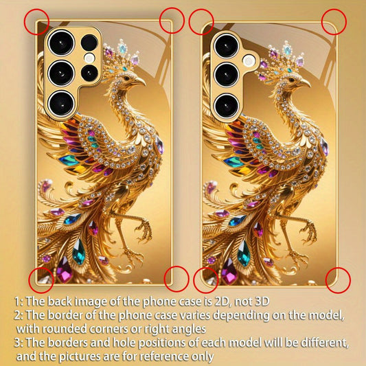 Luxury Colorful Diamonds Golden Peacock Pattern Glass Phone Case Suitable for Samsung Galaxy S25/S25 Plus/S25 Ultra/S24/S24 FE/S24 Plus/S24 Ultra/S23/S23 FE/S23+/S23 Ultra/S22/S22+/S22 Ultra/S21/S21 FE/S21+/S2