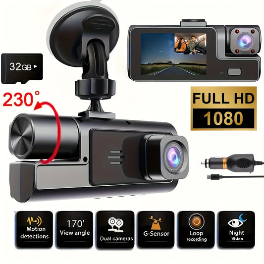 3 Channel Car Cameras, 1080P HD DVR with 170° Wide Angle, Night Vision, Compact Car Recorder, 24 Hour Parking Monitor, G-Sensor, Includes 32GB SD Card, Portable Device, High Quality Lens, For Drivers and Trucking Services