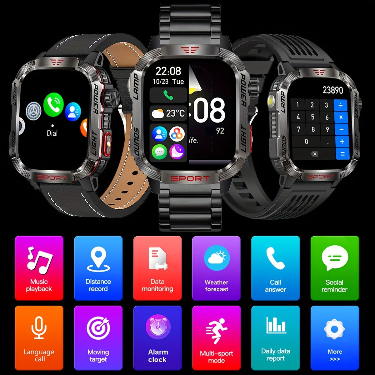 Ceas inteligent robust pentru exterior (primire/efectuare apeluri), pentru iPhone și Android, apeluri wireless, cu lanternă LED, fitness, rezistent la apă/somn 600 baterie