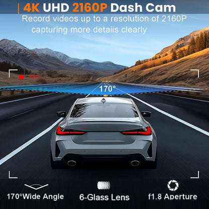 Camere video de bord 4K Ultra HD cu card SD de 128GB, ecran IPS de 3,73 cm, Wi-Fi și senzor G, unghi larg de 170°, vedere nocturnă, înregistrare în buclă, monitorizare parcare 24/7, acceptă card până la 256GB, controlată prin aplicație pentru mașini, cam