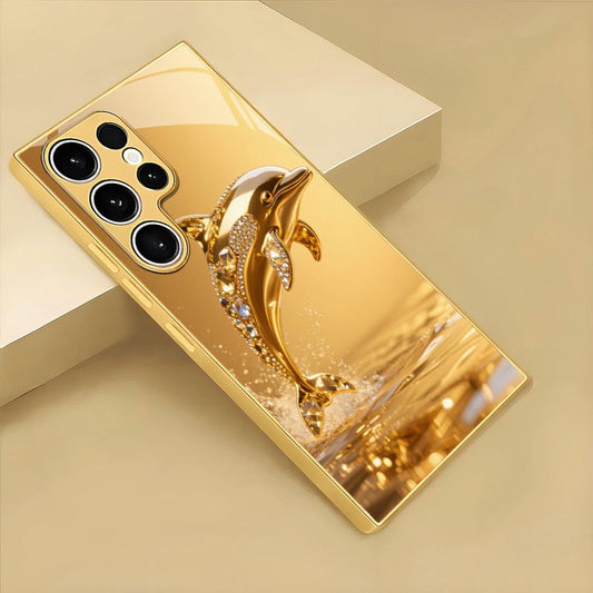 Husă de telefon din sticlă cu model de delfin aurit, colorată și luxoasă, potrivită pentru for samsung, potrivită pentru for galaxy S25/S25 Plus/S25 Ultra/S24/S24 FE/S24 Plus/S24 Ultra/S23/S23 FE/S23+/S23 Ultra/S22/S22+/S22 Ultra/S21/S21 FE/S21+/S21 Ultr