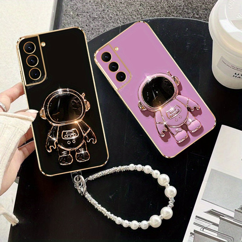 Suport 3D Astronaut + Lanț cu Margele Perlate + Carcasă Luxoasă Placată pentru for Samsung for Galaxy S21 Fe, S22 Plus Ultra, Husa Protectivă Antisoc pentru S21fe, S22plus, S22+, S21+