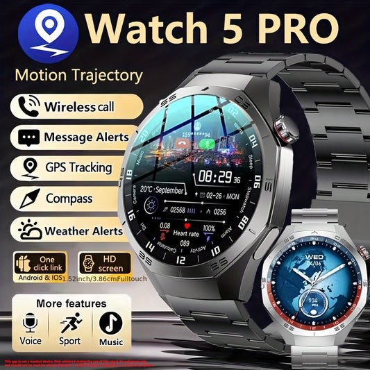 2025 Nou GPS GT5 Pro Ceas inteligent pentru bărbați - 3,86 cm afișaj HD, apeluri wireless, peste 100 moduri sportive, asistent vocal AI, încărcare USB, compas, tracker fitness în aer liber, compatibil cu Android/ pentru for iphone, accesorii multifuncțio