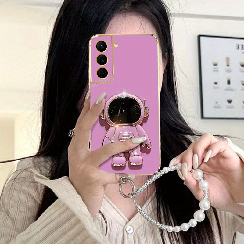 Suport 3D Astronaut + Lanț cu Margele Perlate + Carcasă Luxoasă Placată pentru for Samsung for Galaxy S21 Fe, S22 Plus Ultra, Husa Protectivă Antisoc pentru S21fe, S22plus, S22+, S21+