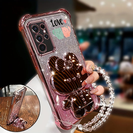 Fundă Antișoc cu Lanț Stralucitor și Curea de Încheietură pentru for Samsung Galaxy S21 Ultra 5G, Design Pisici Iubite, Acoperire Spate Rezistentă la Șocuri