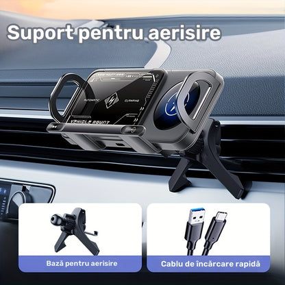 Suport auto wireless pentru încărcare smartphone/tabletă, suport rotativ automat 2-în-1 pentru telefon, suport rotativ cu un singur clic pentru telefon, potrivit pentru smartphone-uri/tablete/telefoane pliabile, accesoriu auto, accesoriu modern, construc