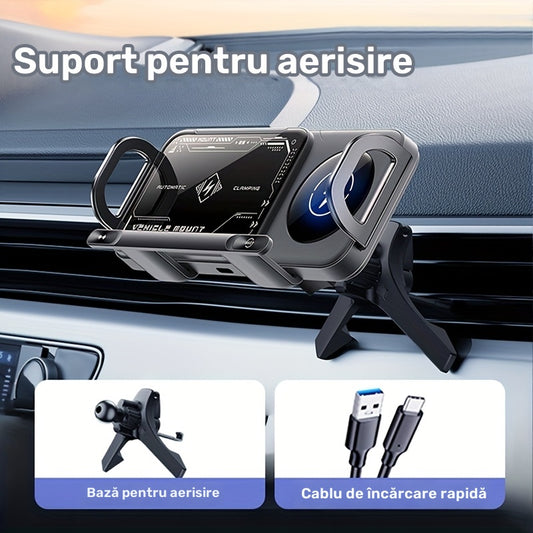 Suport auto wireless pentru încărcare smartphone/tabletă, suport rotativ automat 2-în-1 pentru telefon, suport rotativ cu un singur clic pentru telefon, potrivit pentru smartphone-uri/tablete/telefoane pliabile, accesoriu auto, accesoriu modern, construc