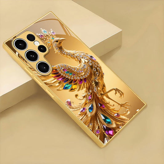 Husă de telefon din sticlă cu model de păun aurit, cu diamante colorați de lux, potrivită pentru for samsung, potrivită pentru for galaxy S25/S25 Plus/S25 Ultra/S24/S24 FE/S24 Plus/S24 Ultra/S23/S23 FE/S23+/S23 Ultra/S22/S22+/S22 Ultra/S21/S21 FE/S21+/S2