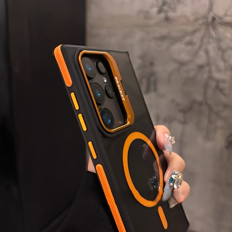 Husă de telefon transparentă magnetică luxoasă și elegantă cu două tonuri, S25 Ultra-Metal Magnetic, potrivită pentru S25, S24, S23, S22 Ultra Plus, S24FE. Cadranul lentilei poate fi deschis ca suport, acceptă încărcarea wireless și protejează telefonul
