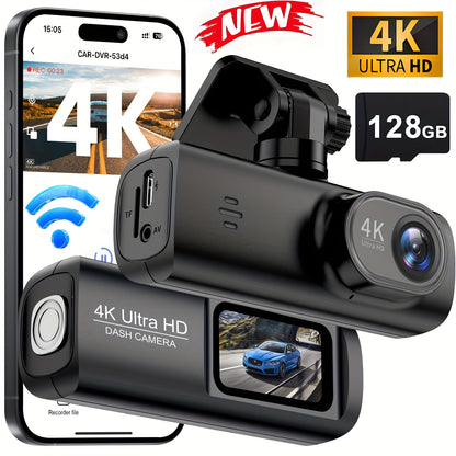 Camere video de bord 4K Ultra HD cu card SD de 128GB, ecran IPS de 3,73 cm, Wi-Fi și senzor G, unghi larg de 170°, vedere nocturnă, înregistrare în buclă, monitorizare parcare 24/7, acceptă card până la 256GB, controlată prin aplicație pentru mașini, cam