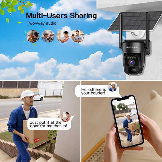 Camere de Securitate Solară Wireless SZSINOCAM cu 1080P HD, PTZ, Comunicare Bidirecțională, Alertă Mișcare, Panou Solar, WiFi Fără Fir, Stocare SD/Cloud - pentru Acasă/Affaire/Exterior/Parcarea Auto, Monitorizare Driveway, Design Integrat Solar, Video de