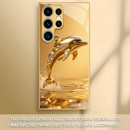 Husă de telefon din sticlă cu model de delfin aurit, colorată și luxoasă, potrivită pentru for samsung, potrivită pentru for galaxy S25/S25 Plus/S25 Ultra/S24/S24 FE/S24 Plus/S24 Ultra/S23/S23 FE/S23+/S23 Ultra/S22/S22+/S22 Ultra/S21/S21 FE/S21+/S21 Ultr
