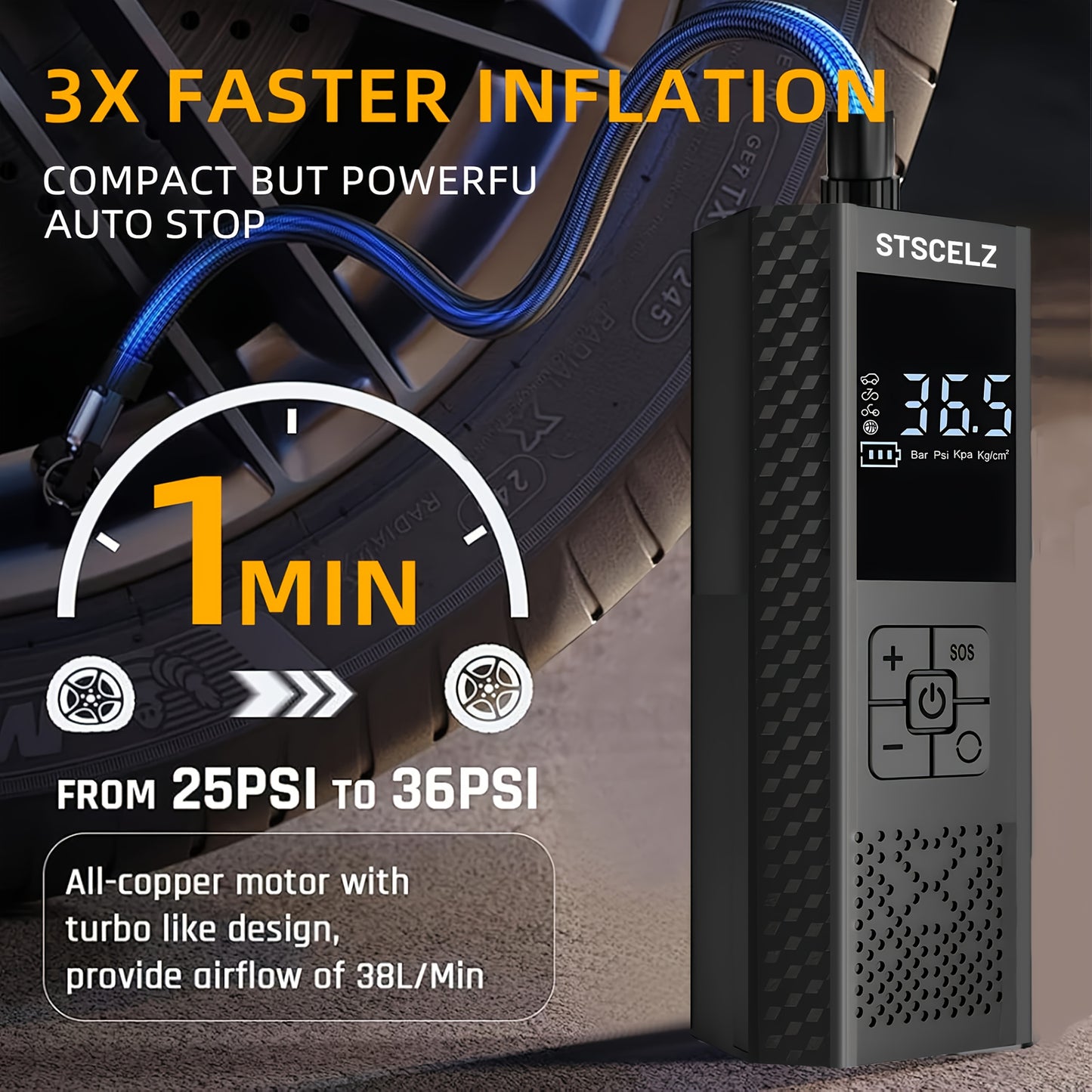 Compresor Portabil pentru Umflat Anvelope - Pompă de Aer Rapidă 3X 150 PSI cu Manometru și Lumină LED - Pompă Electrică fără Fir cu Oprire Automată pentru Mașină, Motocicletă, Bicicletă, Mingi