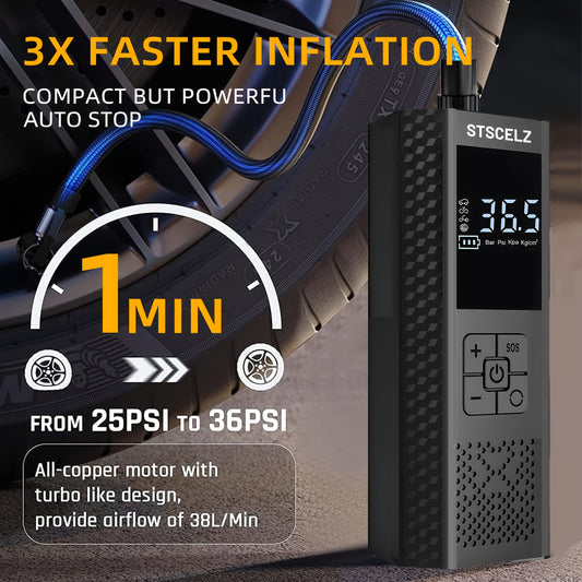 Compresor Portabil pentru Umflat Anvelope - Pompă de Aer Rapidă 3X 150 PSI cu Manometru și Lumină LED - Pompă Electrică fără Fir cu Oprire Automată pentru Mașină, Motocicletă, Bicicletă, Mingi