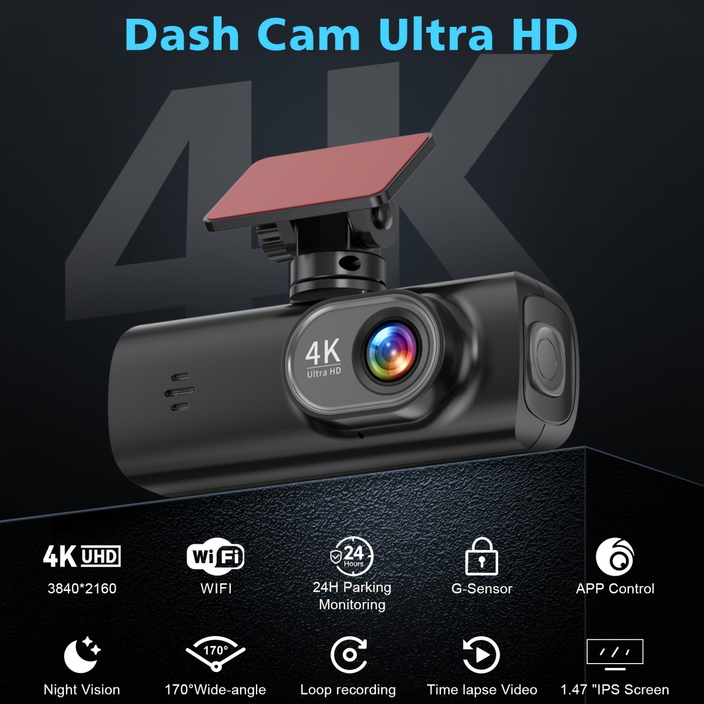 Camere video de bord 4K Ultra HD cu card SD de 128GB, ecran IPS de 3,73 cm, Wi-Fi și senzor G, unghi larg de 170°, vedere nocturnă, înregistrare în buclă, monitorizare parcare 24/7, acceptă card până la 256GB, controlată prin aplicație pentru mașini, cam