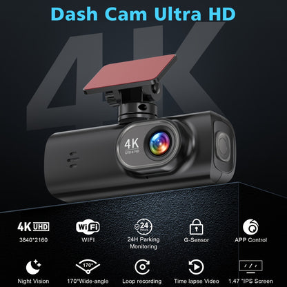 Camere video de bord 4K Ultra HD cu card SD de 128GB, ecran IPS de 3,73 cm, Wi-Fi și senzor G, unghi larg de 170°, vedere nocturnă, înregistrare în buclă, monitorizare parcare 24/7, acceptă card până la 256GB, controlată prin aplicație pentru mașini, cam