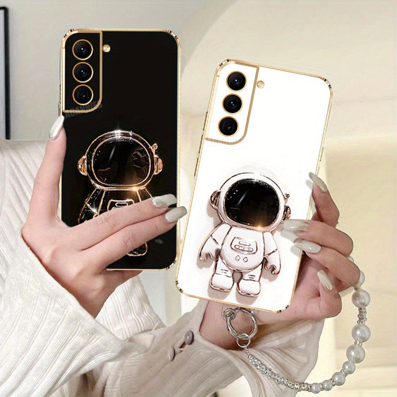 Suport 3D Astronaut + Lanț cu Margele Perlate + Carcasă Luxoasă Placată pentru for Samsung for Galaxy S21 Fe, S22 Plus Ultra, Husa Protectivă Antisoc pentru S21fe, S22plus, S22+, S21+