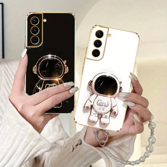 Suport 3D Astronaut + Lanț cu Margele Perlate + Carcasă Luxoasă Placată pentru for Samsung for Galaxy S21 Fe, S22 Plus Ultra, Husa Protectivă Antisoc pentru S21fe, S22plus, S22+, S21+