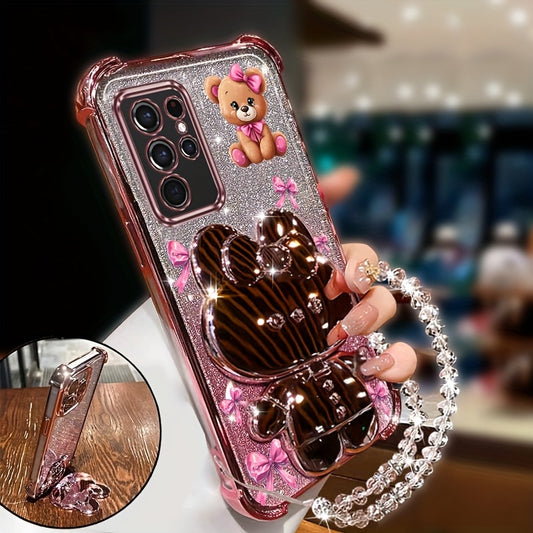 Elegant și drăguț, ursul roșu strălucește cu o curea de mânecă strălucitoare și un husă de telefon cu mirodenii designat pentru for samsung for galaxy S21 Ultra 5G, oferind protecție antișoc.