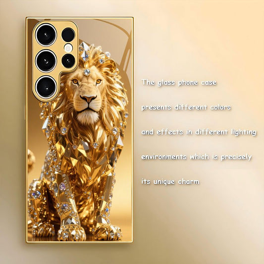 Husă de telefon din sticlă cu model de leu aurit, colorată și luxoasă, potrivită pentru for samsung, potrivită pentru for galaxy S25/S25 Plus/S25 Ultra/S24/S24 FE/S24 Plus/S24 Ultra/S23/S23 FE/S23+/S23 Ultra/S22/S22+/S22 Ultra/S21/S21 FE/S21+/S21 Ultra 5