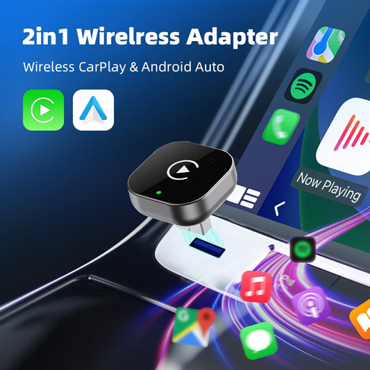 Adaptor 2-în-1 Wireless CarPlay și Android Auto - Conectare Automată Plug and Play, Latență 0.5s, Suport Wireless și WiFi, Design Compact pentru iPhone și Android, cu Port USB/USB-C, Fără Baterie, Adaptoare de Alimentare