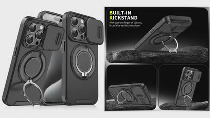 Husă pentru Telefon Mobil iPhone 16/15/14/13/12/11/Pro/Max Pro/Plus, cu Capac Glisant pentru Cameră + [Protecție Completă a Camerei], cu Suport Rotativ 360°/Suport Magnetic pentru Mașină/Textură Mată Antisoc